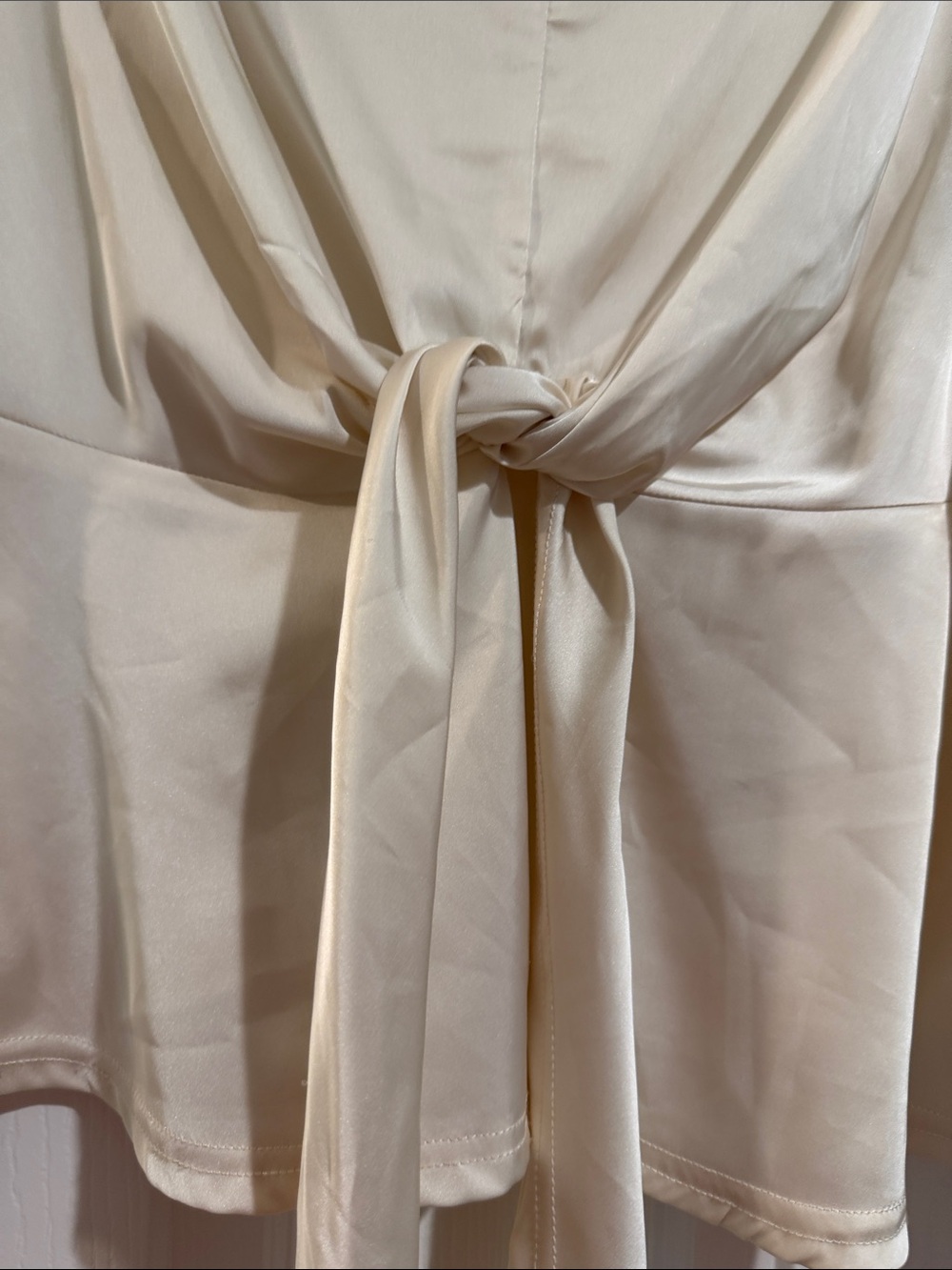 Cream Satin V-Neck Peplum Tie Blouse - Picture 3 of 9